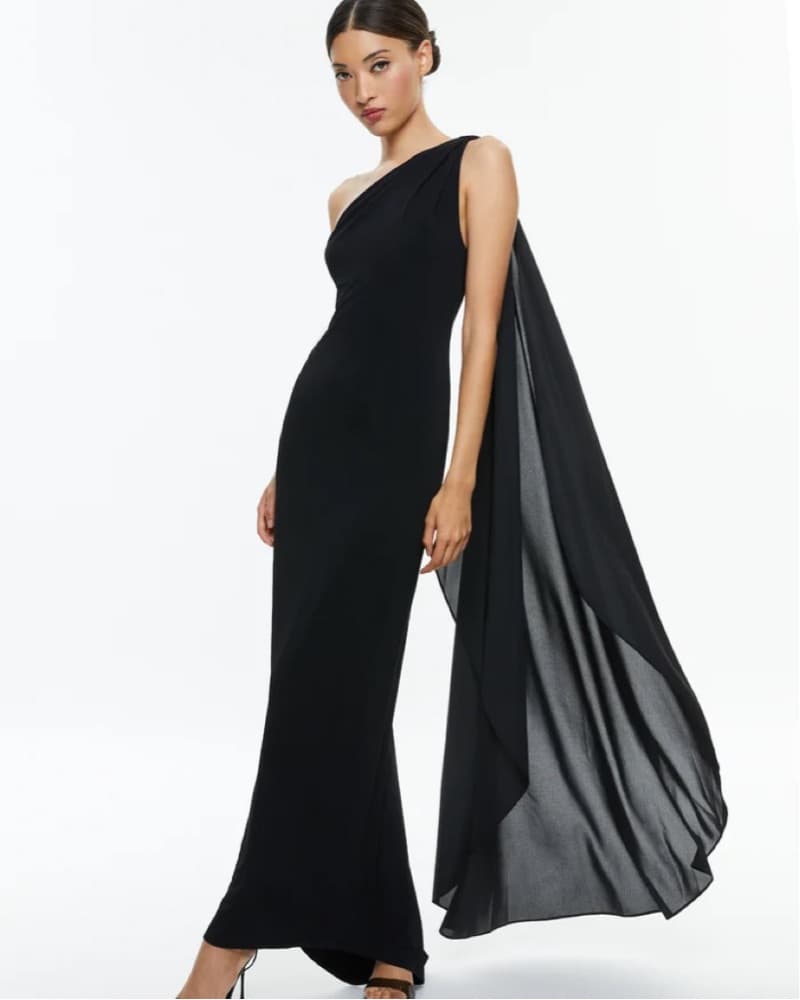 Black One Shoulder Dress With Cape - Image 4