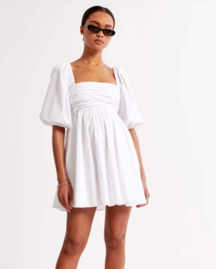 Ruched Puff Sleeve Mini Dress - White - Image 1