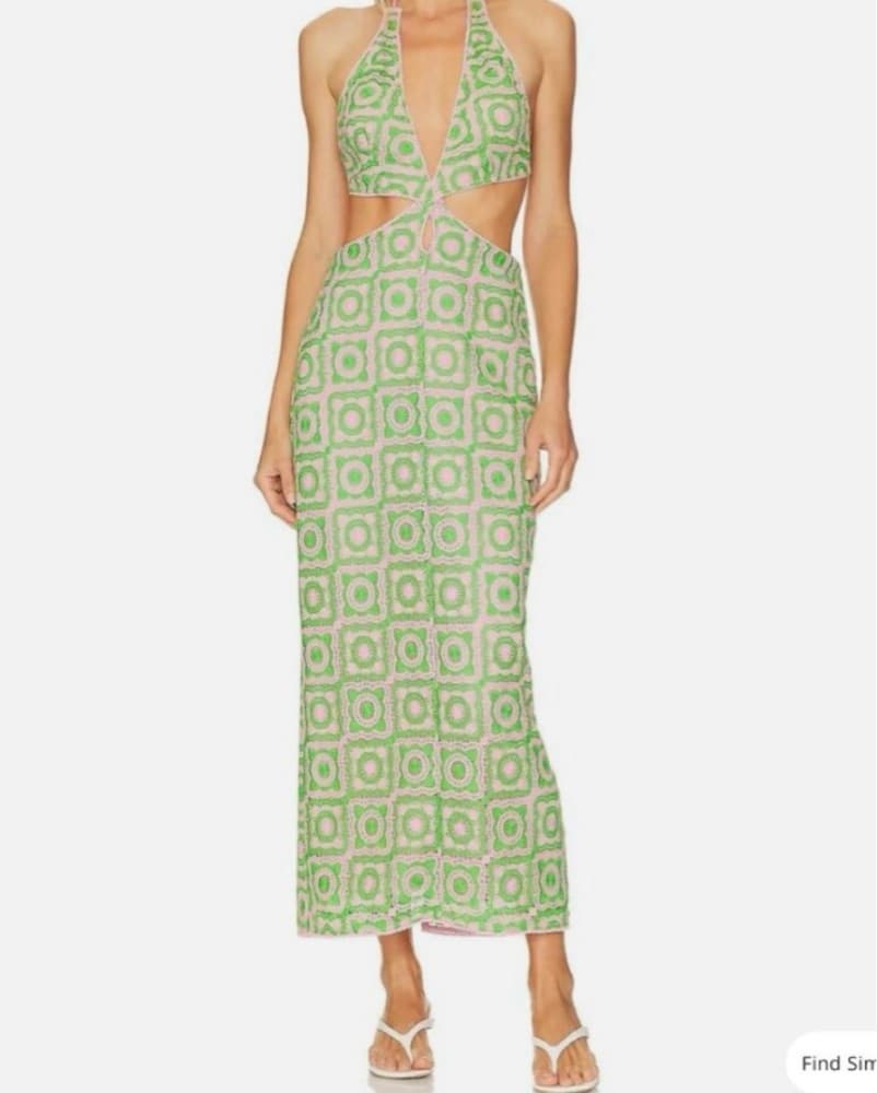 Vibrant Green Patterned Halter Maxi Dress - Image 1
