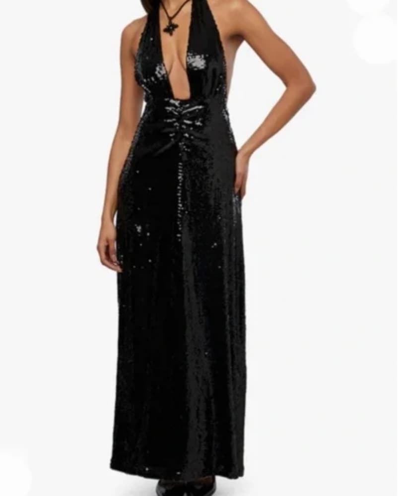 Black Sequin Halter Gown - Image 1