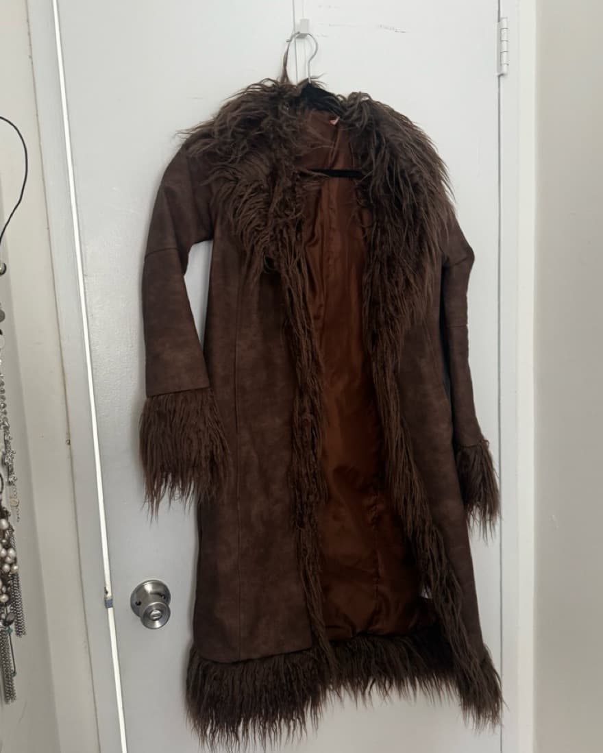 Brown fur trum faux leather jacket  - Image 2