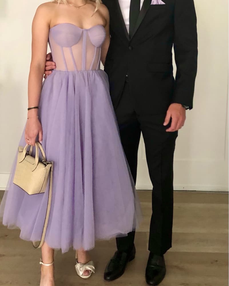 Lavender Strapless Puffy Midi Tulle Dres - Image 2