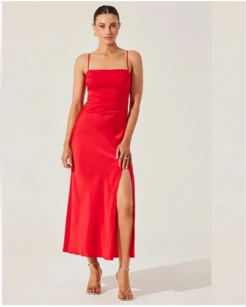 Sophisticated Red Satin Midi Dress - Image 1