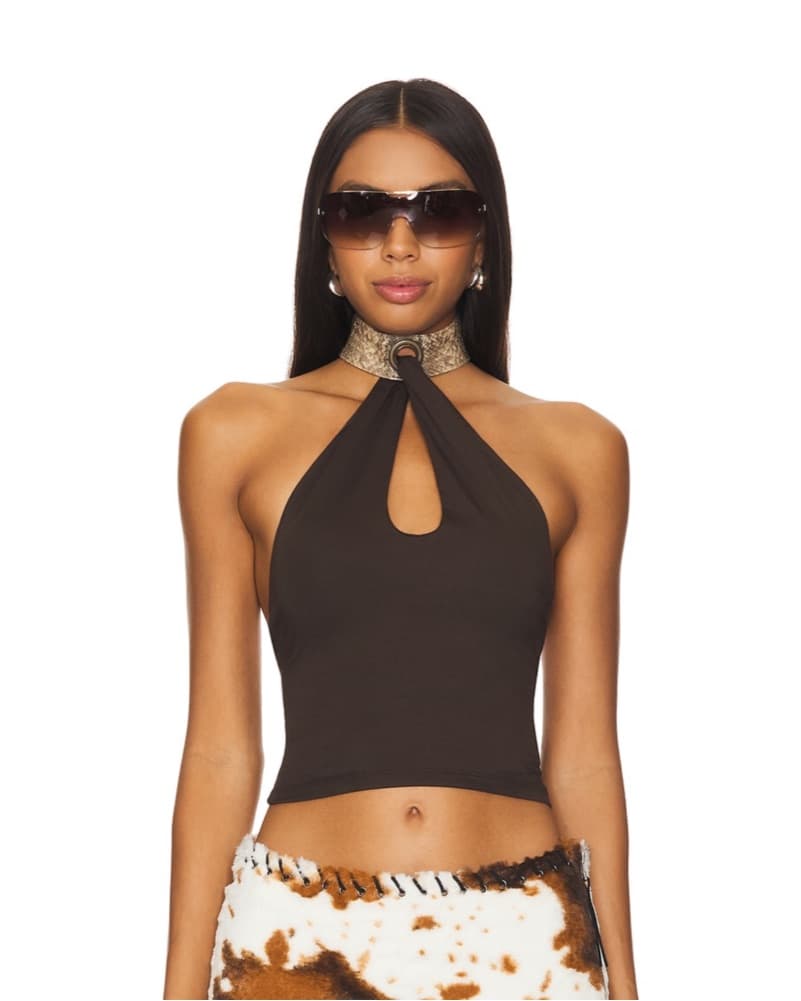 Halter Eyelet Top In Brown - Image 1