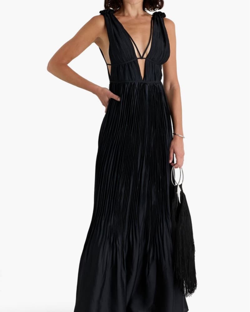 SIMKHAI Black Ostara Plisse-Satin Gown - Image 1
