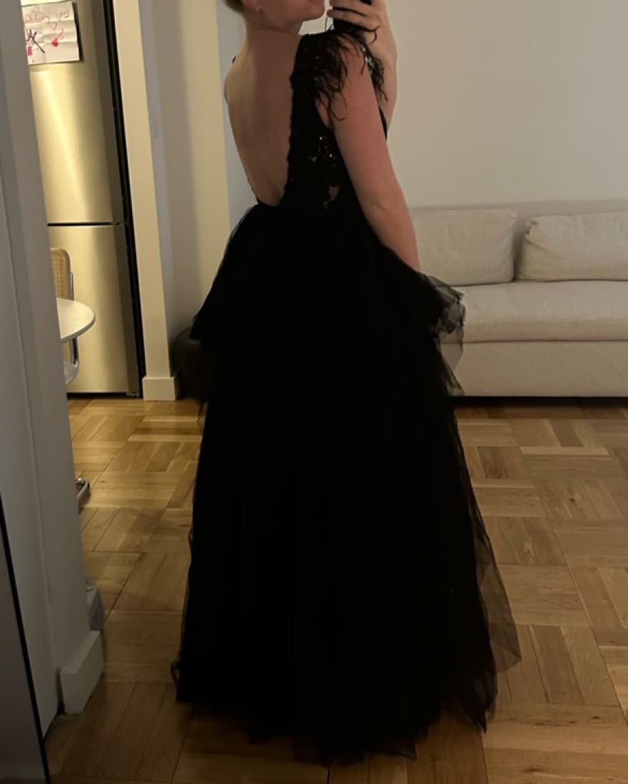 Black Tulle Feather Evening Gown - Image 2