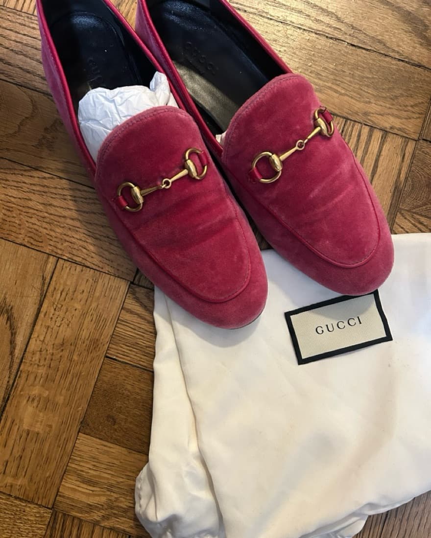 Pink/Red Velvet Gucci Loafers Size 38 - Image 2