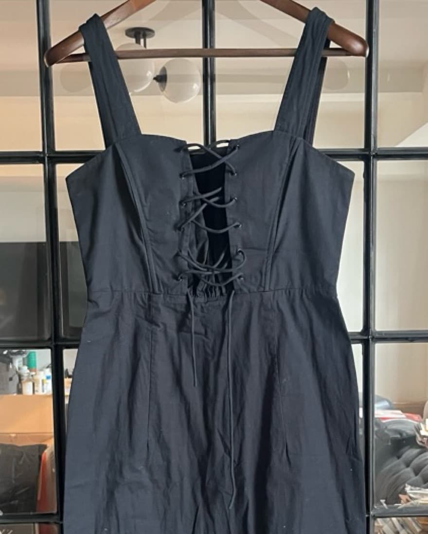 Chic Black Dress with Lace-Up Detail - Image 1