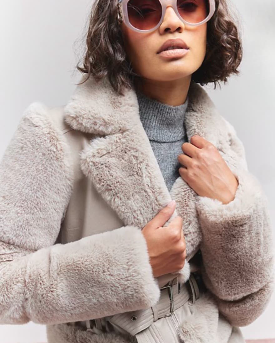 River Island Beige Faux Fur Biker Jacket - Image 3