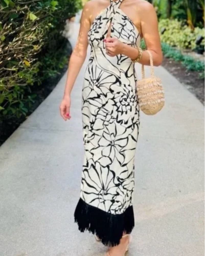 Floral Print Maxi Dress with Fringed Hem - Image 1