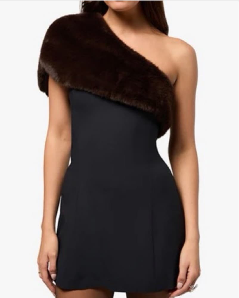 Elegant One Shoulder Fur Mini Dress - Image 1