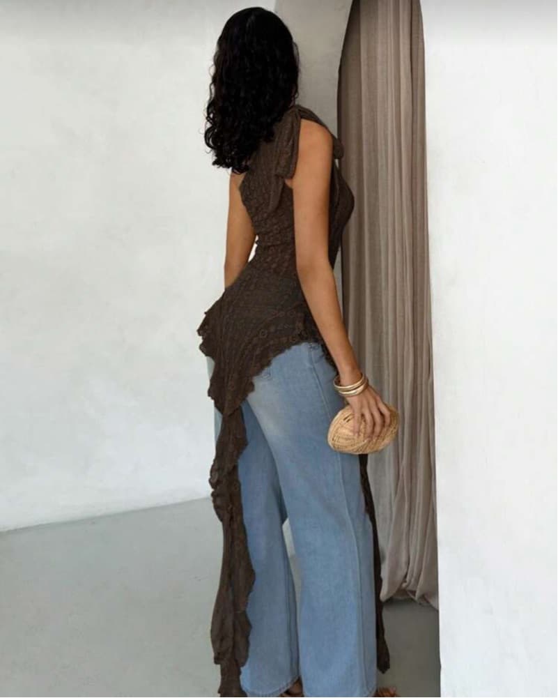 Brown asymmetric lace top - Image 2