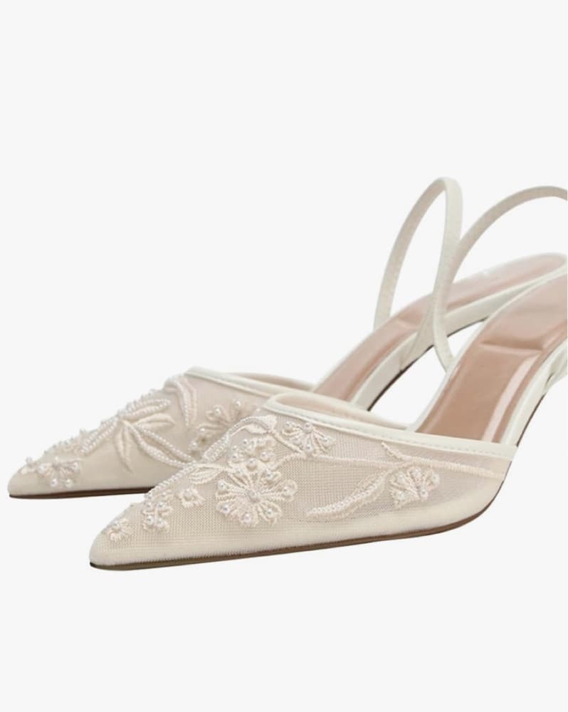 Embroidered Pointed Toe Slingback Heels - Image 1
