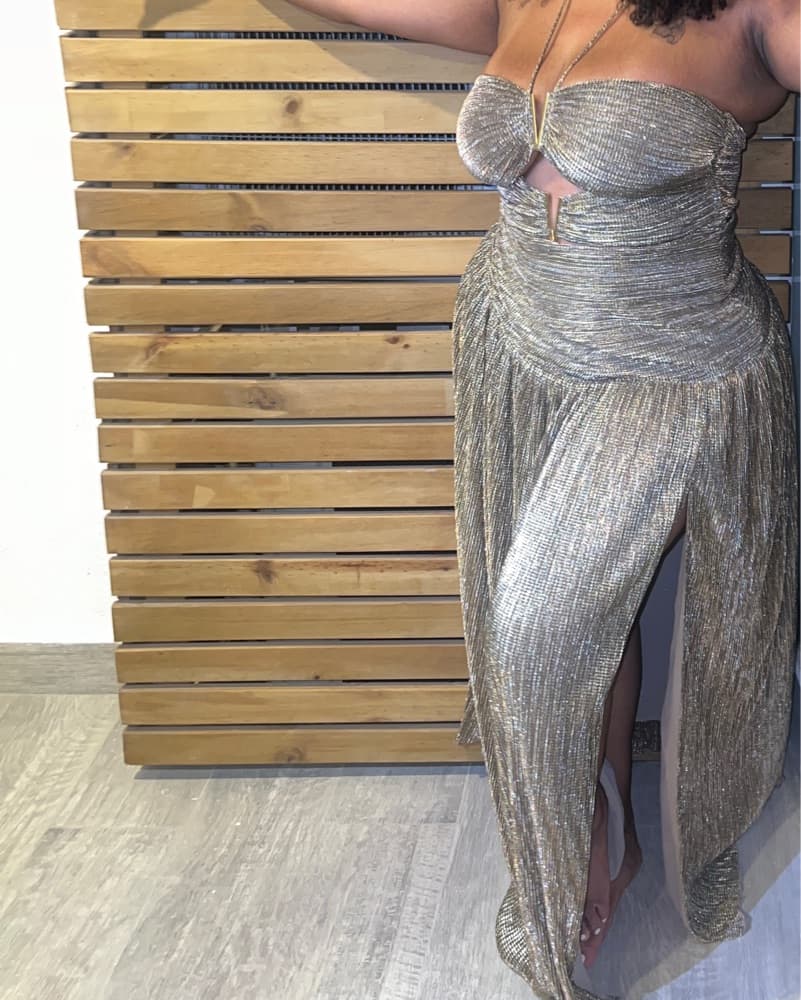 Sparkling Metallic Gown with Ruched Detailing - Image 2