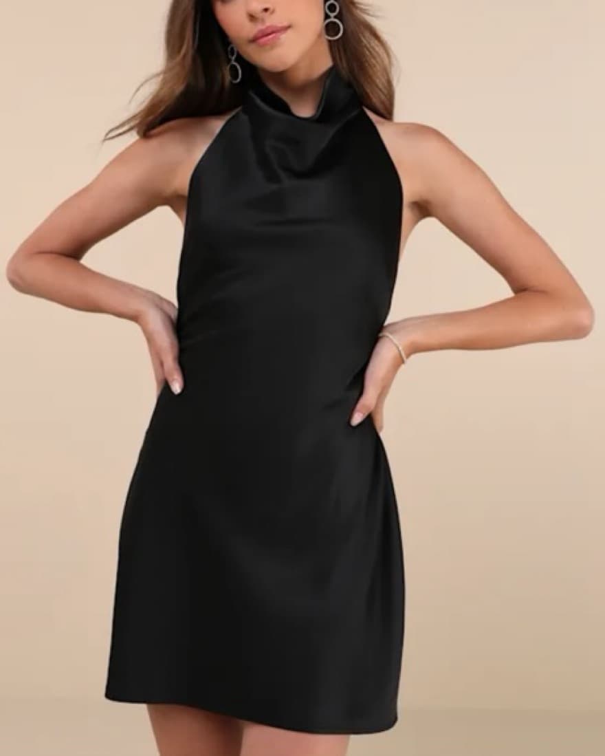 Black Satin Halter Mini Dress - Image 1