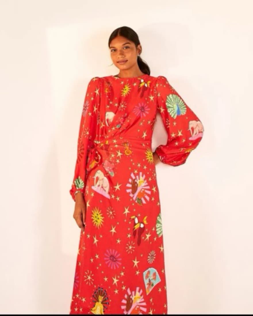 Farm Rio Lotus Star Wrap Red Dress - Image 5