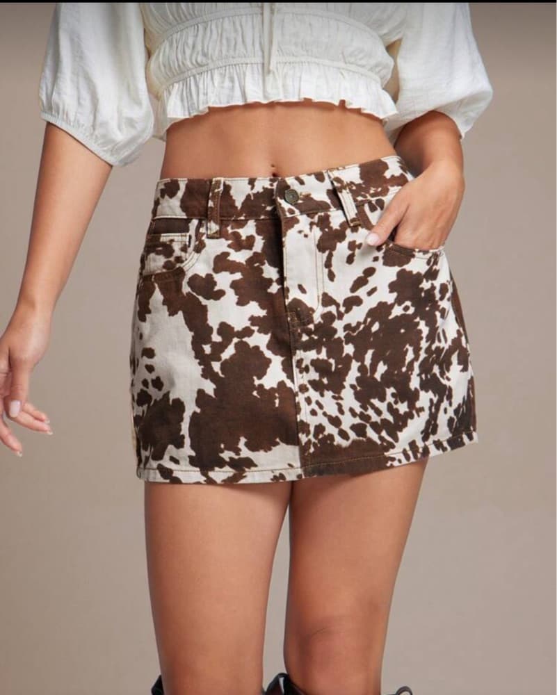 Cow Print Denim Skirt - Image 1