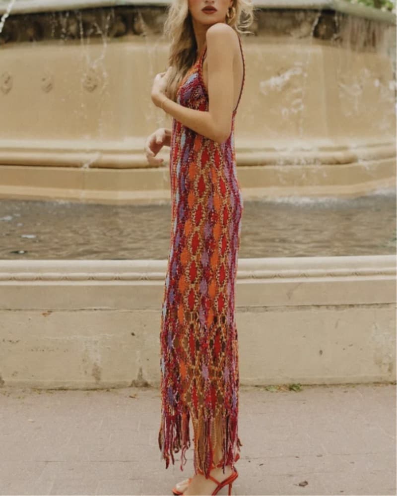 Vibrant Fringe Crochet Maxi Dress - Image 4