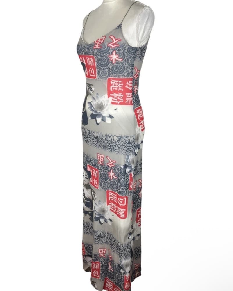French Vintage Graphic Mesh Maxi Dress - Image 4
