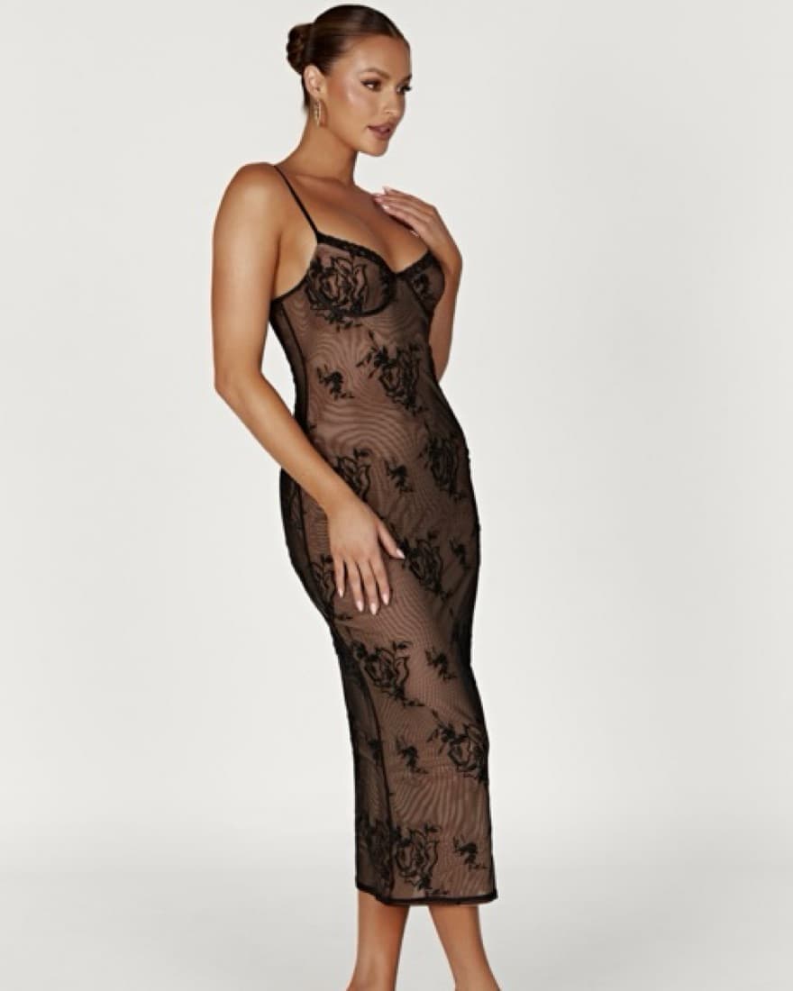 MESHKI Venice Embroidered Mesh Midi Dres - Image 1