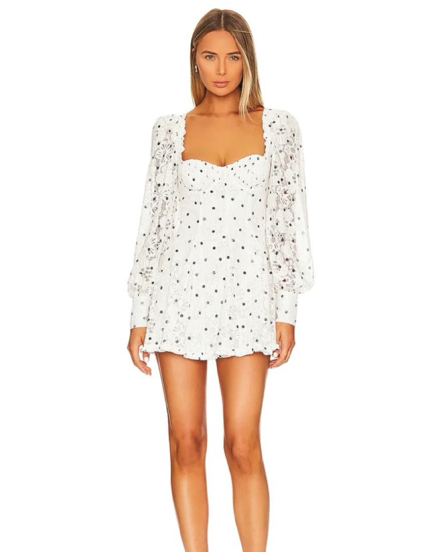 White Polka Dot Lace Puff Sleeve Mini Dress - Image 1