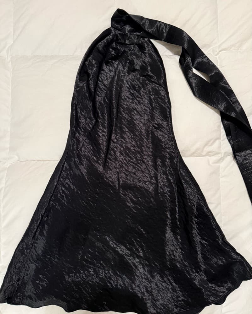 Meshki Mini Satin Black Halter Dress - Image 5