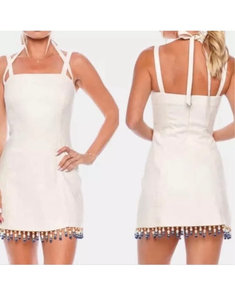 Revolve Beaded White Linen Dress - Image 1