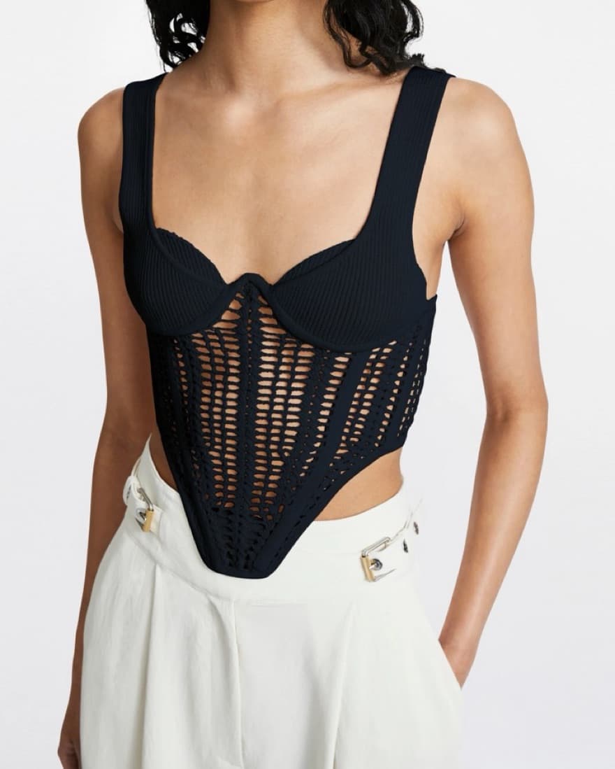 DION LEE Crochet Corset Top Black - Image 1