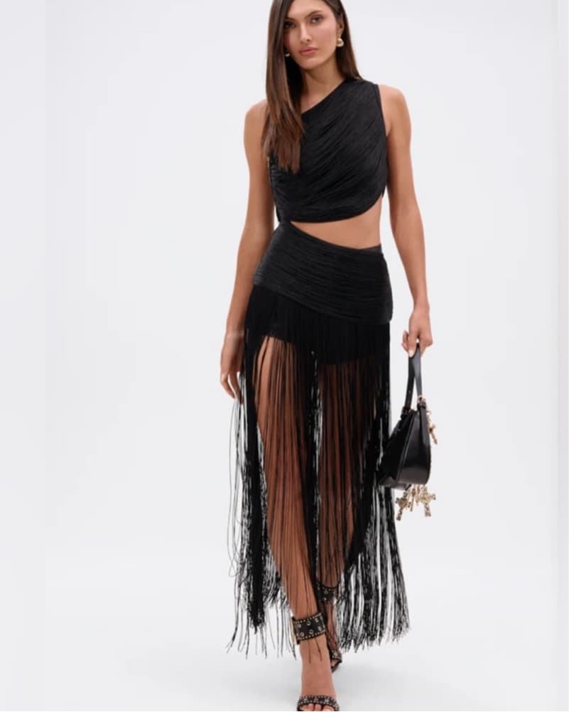 Dramatic Fringed Black Maxi Dress - Image 1
