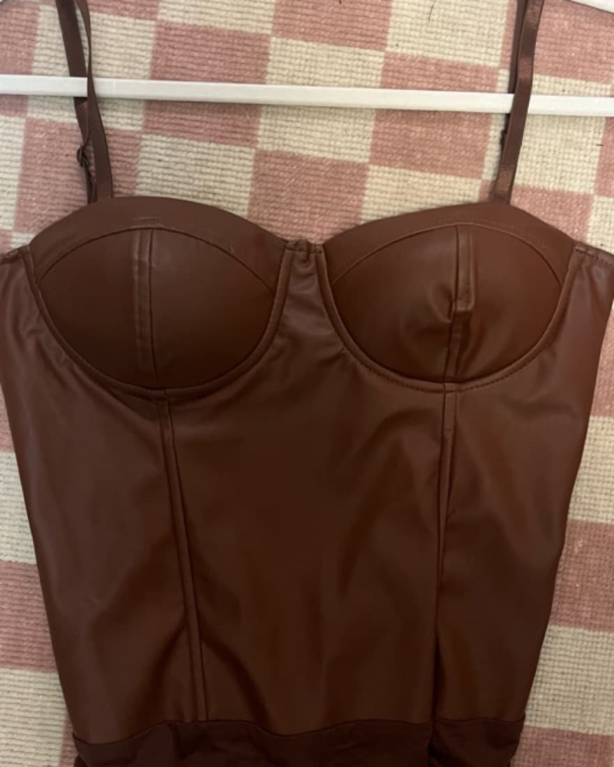 Aqua Brown Leather Bustier Bodysuit - Image 1