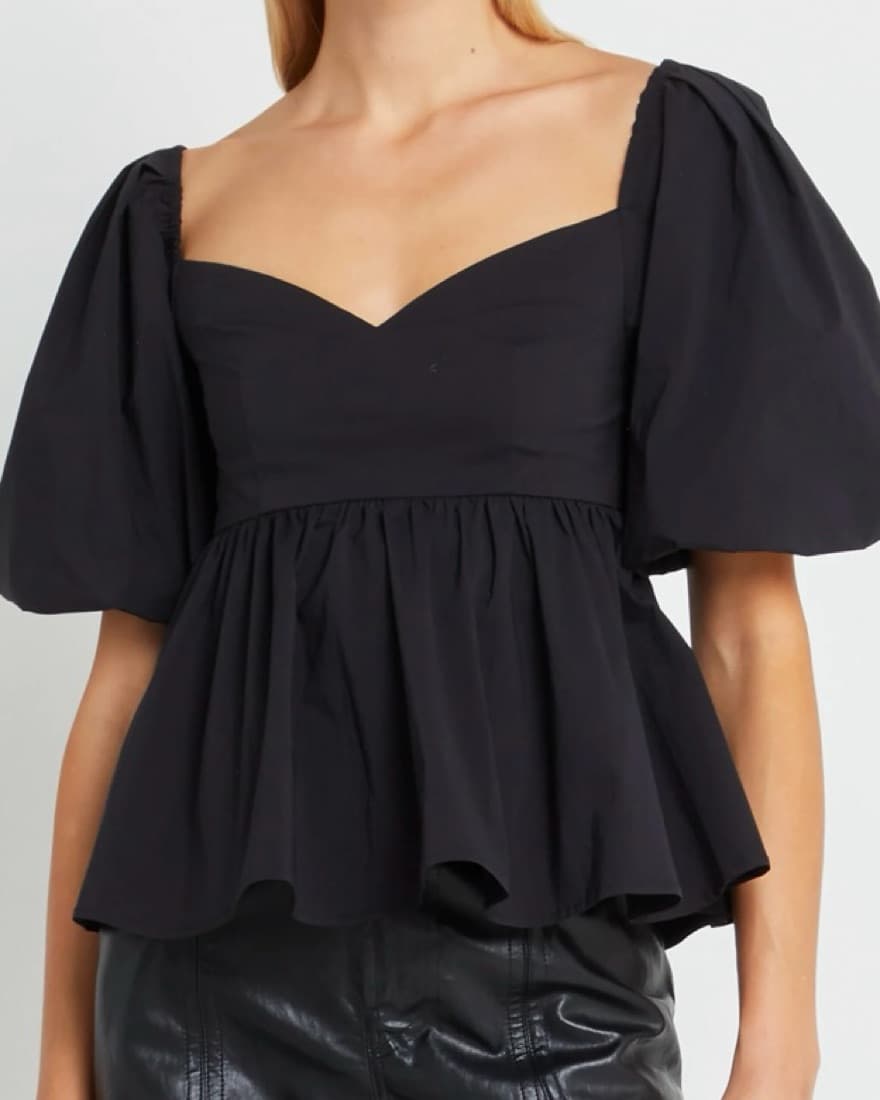 Black Puffy Sleeve Top with Square Neck  - Image 1