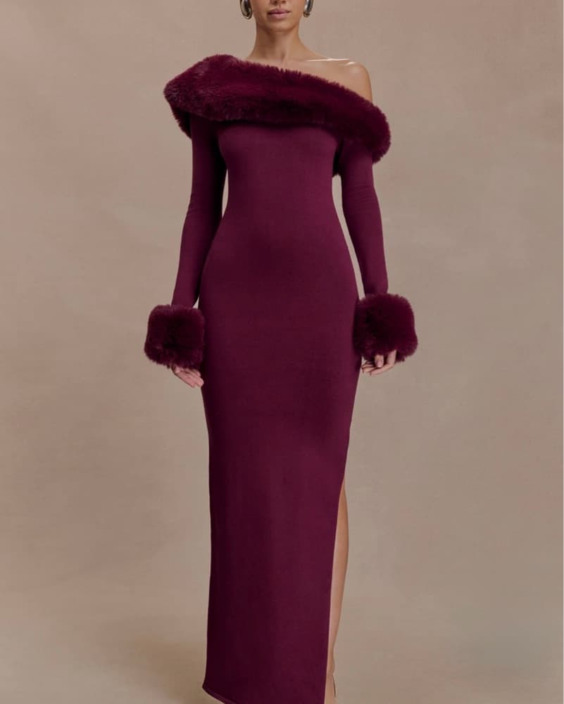 Meshki Burgundy Fur Trimmed Gown - Image 2