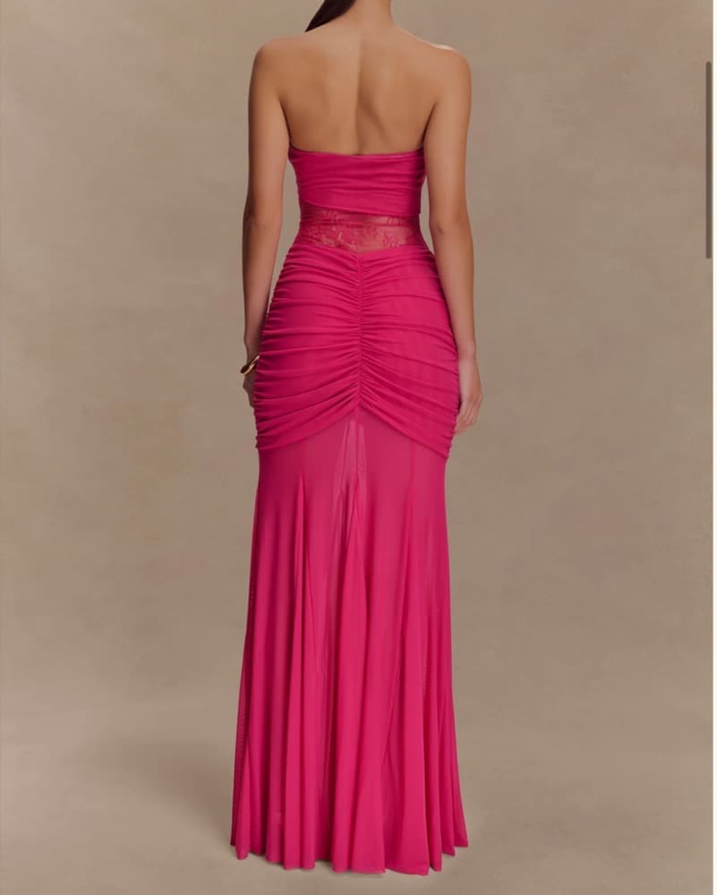 Vibrant Fuchsia Ruched Lace Gown - Image 2