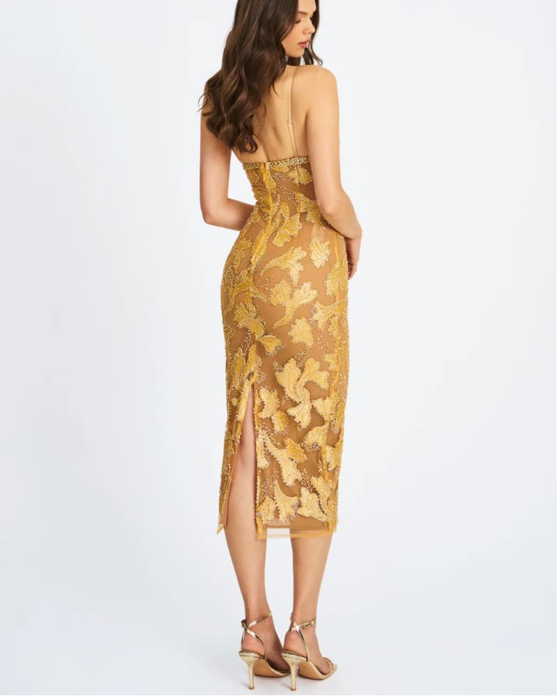 Gold Beaded Sequin Midi Pencil Dress - Image 3