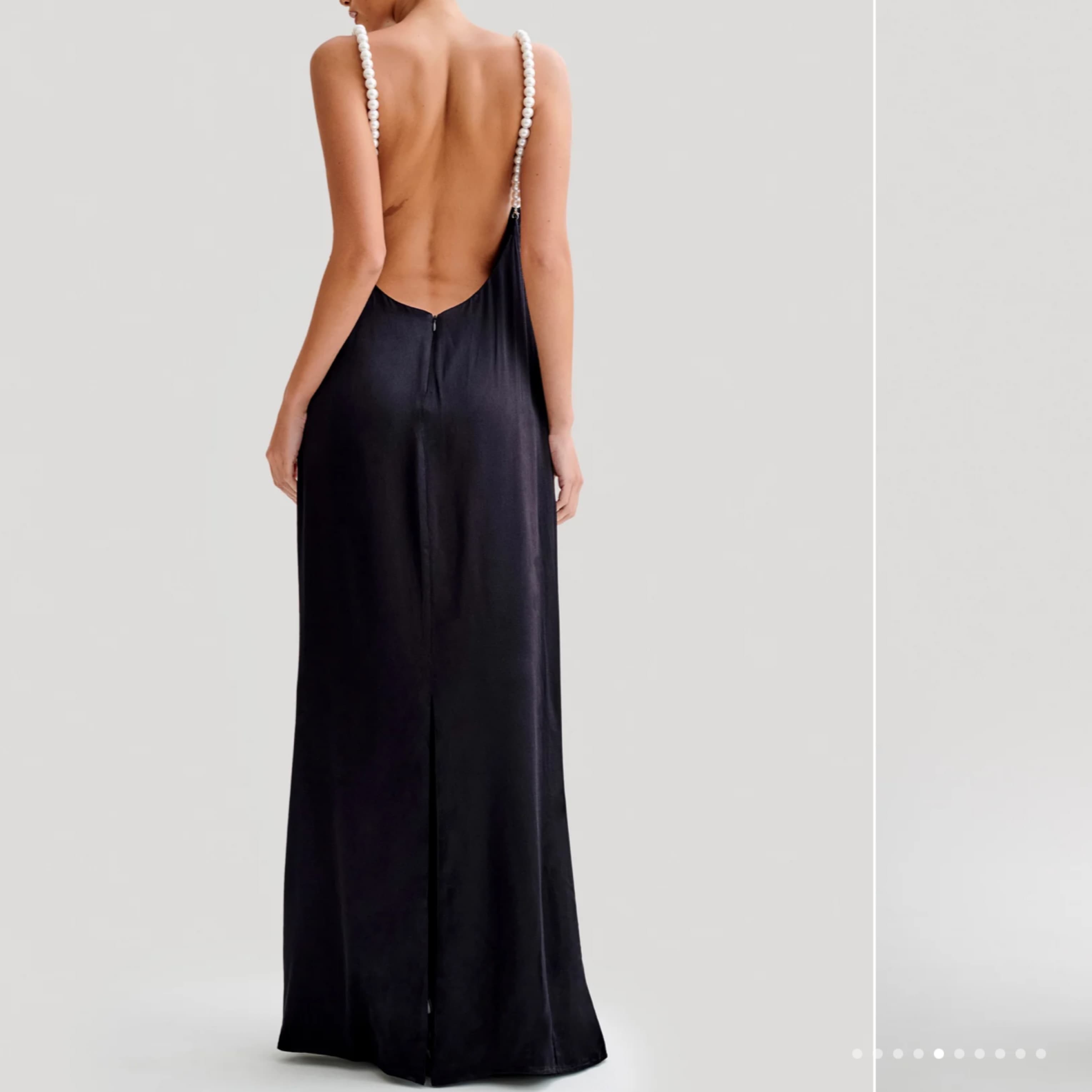Long Satin Pearl Back Black Dress - Image 3