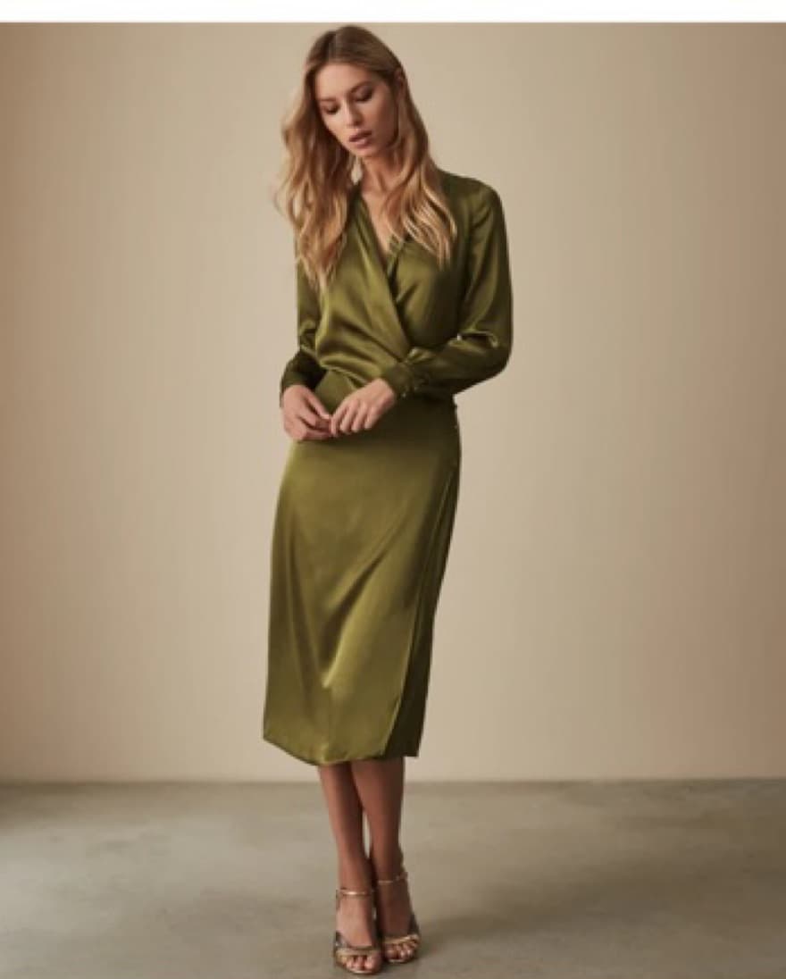 Reiss Olive Green Satin Wrap Dress - Image 2