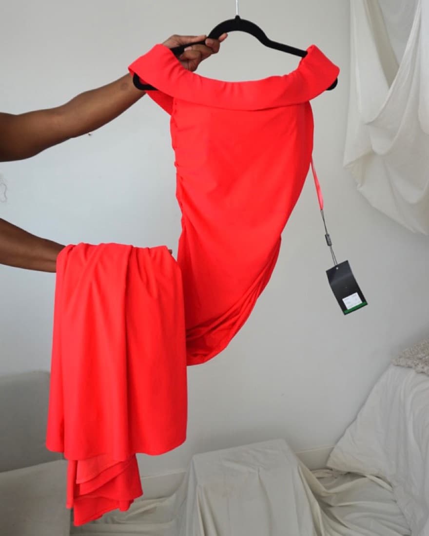 HOT CORAL - Long Off the Shoulder - Image 3