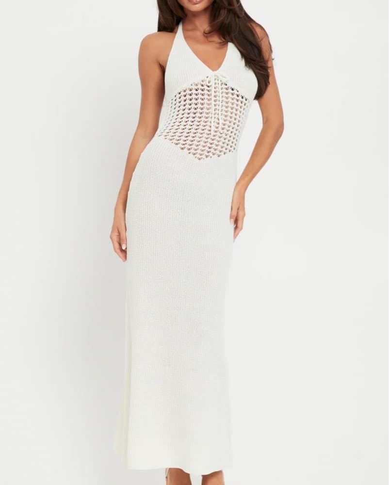 Stunning White Crochet Halter Maxi Dress - Image 1