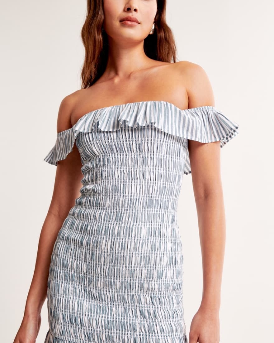 Blue Off-The-Shoulder Smocked Mini Dress - Image 6