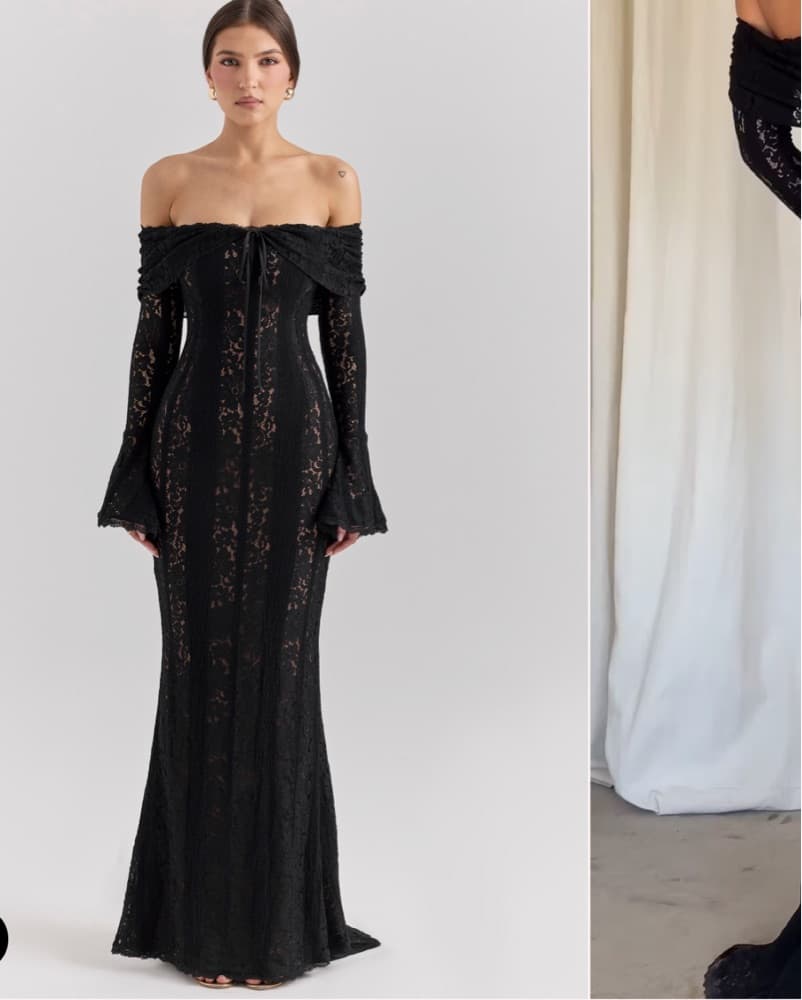 Black Off Shoulder Floral Lace Gown  - Image 4