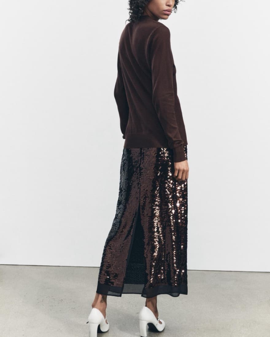 Zara Dark Maroon Sequined Midi Skirt - Image 4
