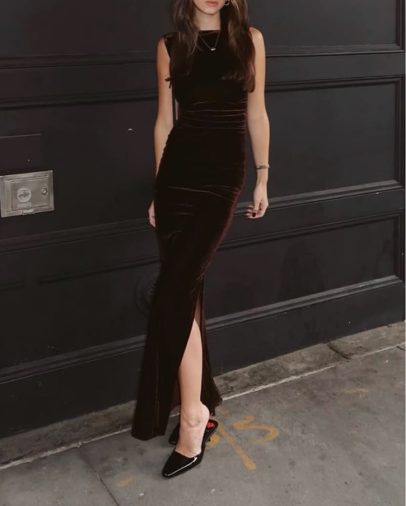 WAYF Chocolate Brown Velvet Dress - Image 1