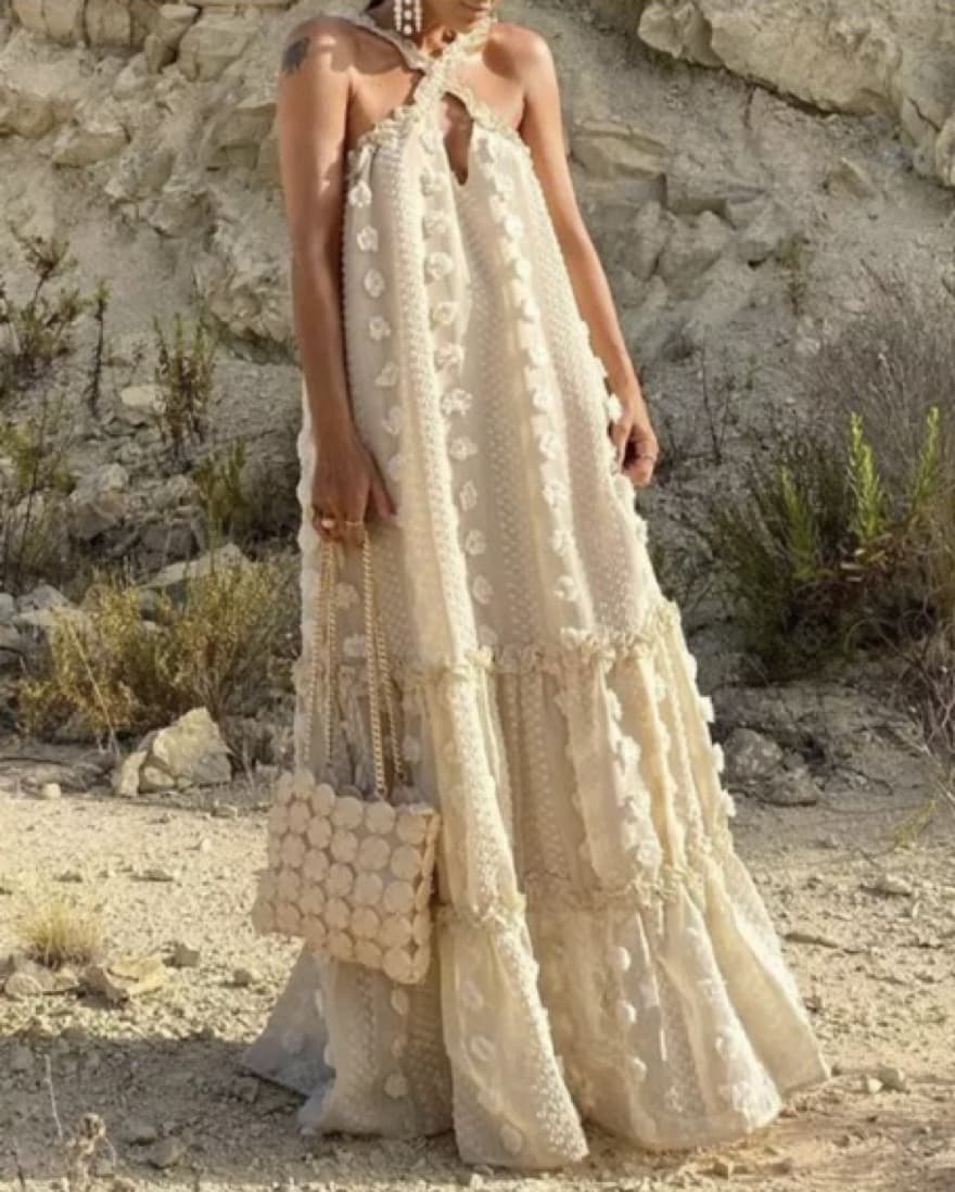 Long Chiffon Dress w/ Floral Appliques  - Image 3