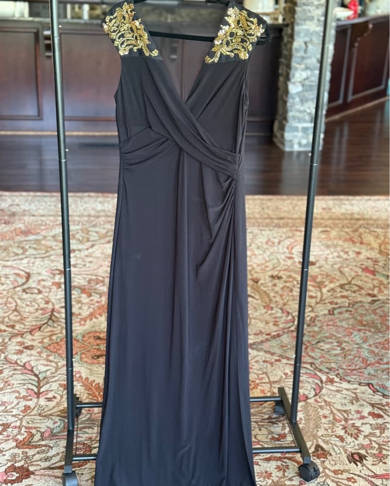 Elegant Black Gown with Gold Embroidery - Image 1