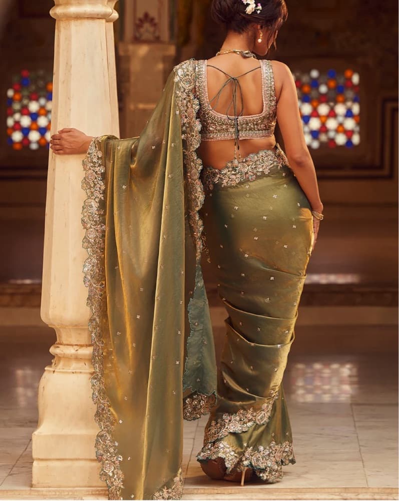 Moss Green Embroidered Silk Saree - Image 3