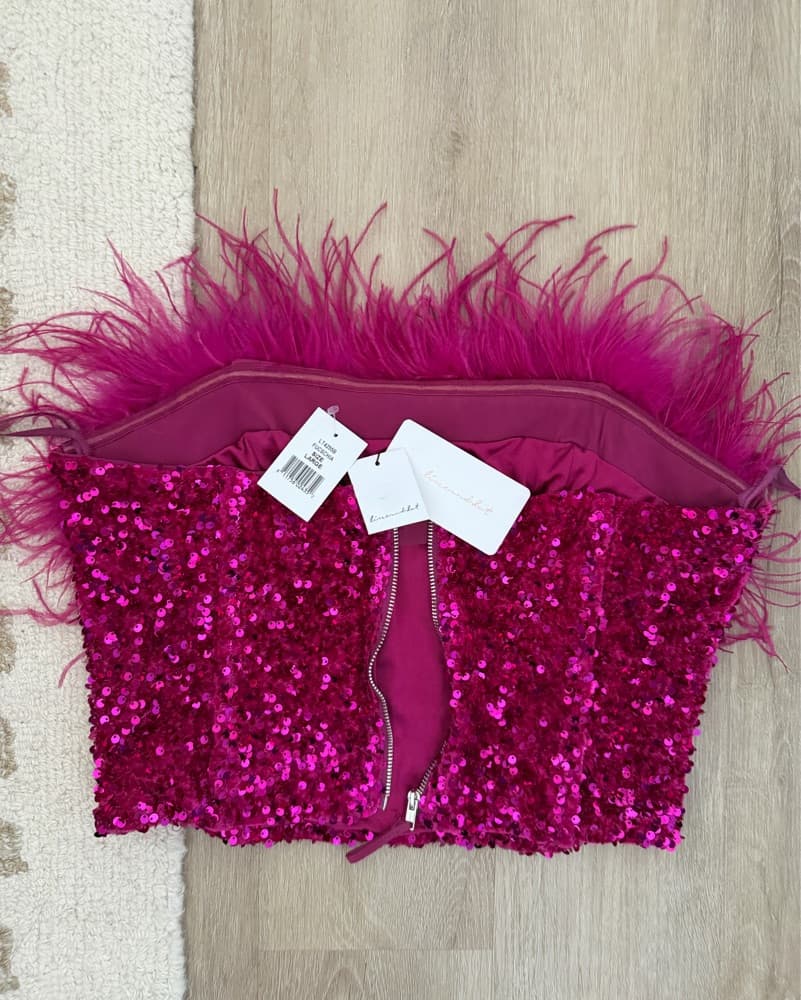 Line & Dot Sequin Feather Strapless Top - Image 5