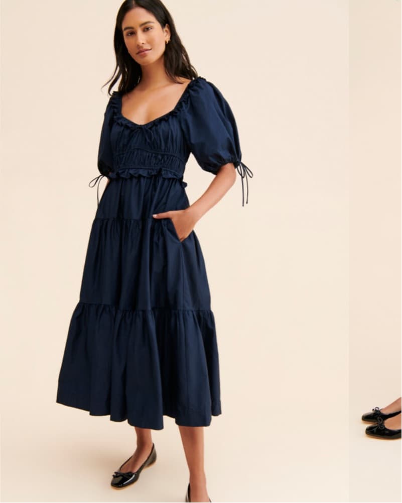 Navy Tiered Puff Sleeve Midi Dress - Image 3