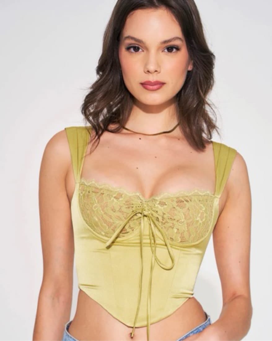 Everly Olive Lace Satin Corset Top - Image 1