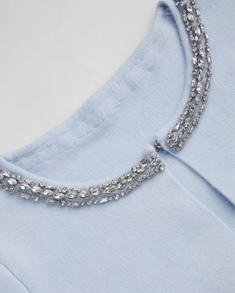 Light Blue Rhinestone Trim Cropped Knit  - Image 2