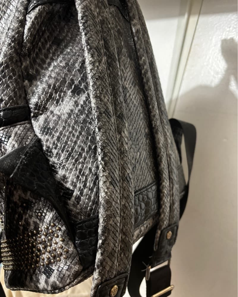 MCM Black Python Effect Studded Backpack - Image 4